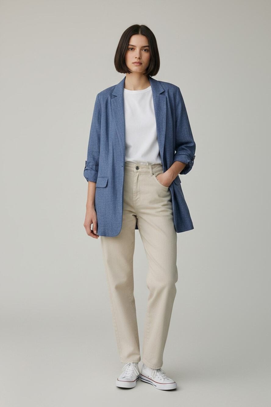 S blue open-front long blazer jacket oversized chambray denim looking J. Jill